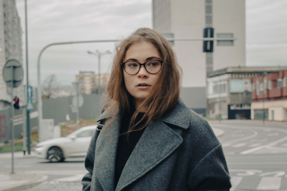 Yulia  brunette,  portrait,  city,  gray-sky,  glasses, 