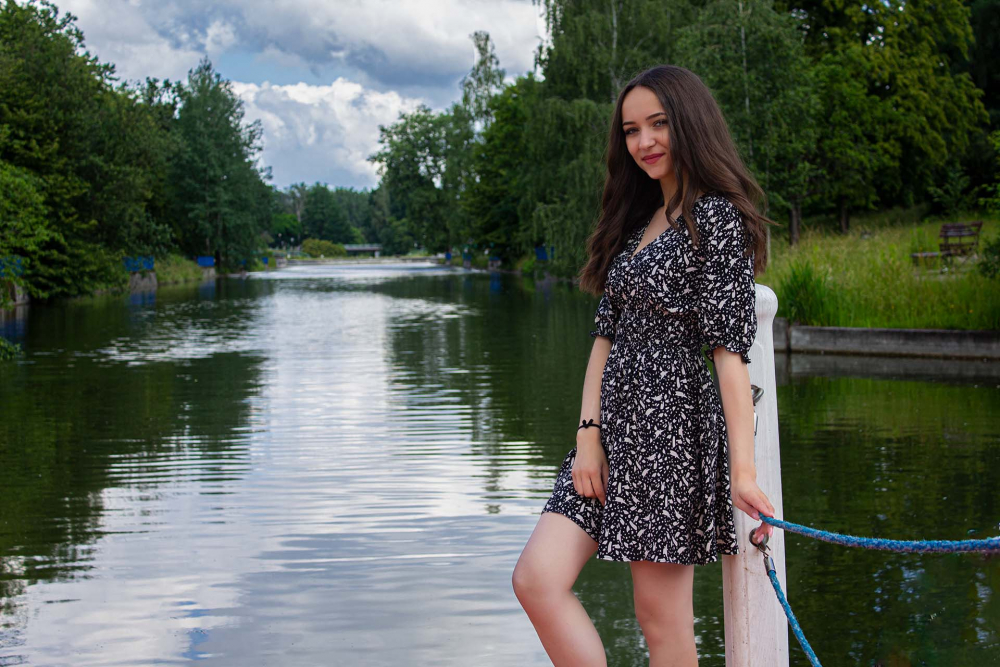 Kamilla  brunette,  dress,  girl,  beauty,  bautiful-girl,  young,  river,  forest,  sky,  outdoors, 